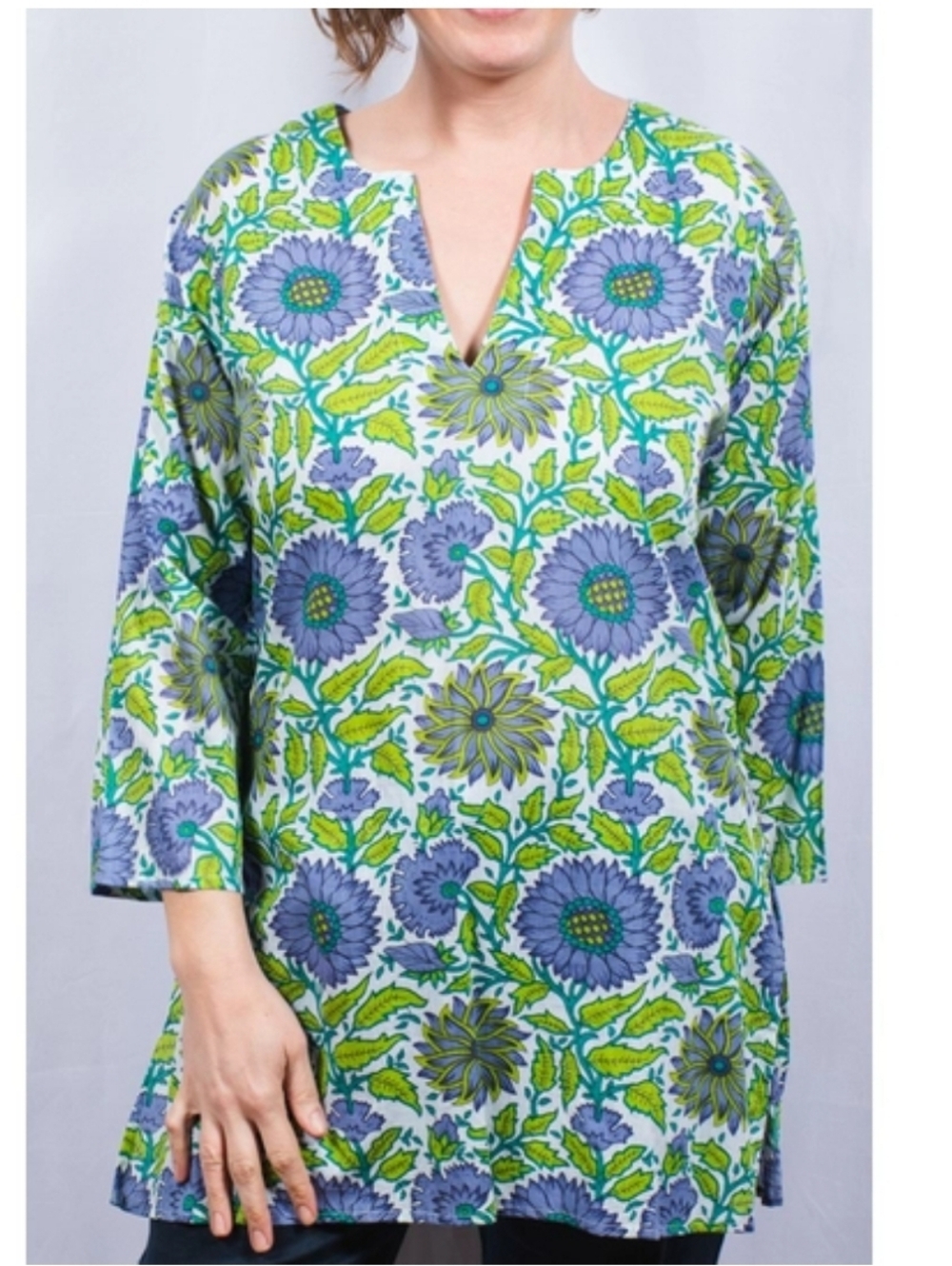 Hailey Floral Long Sleeve Tunic Top Purple & Green, Tissue Lightweight Fabric M